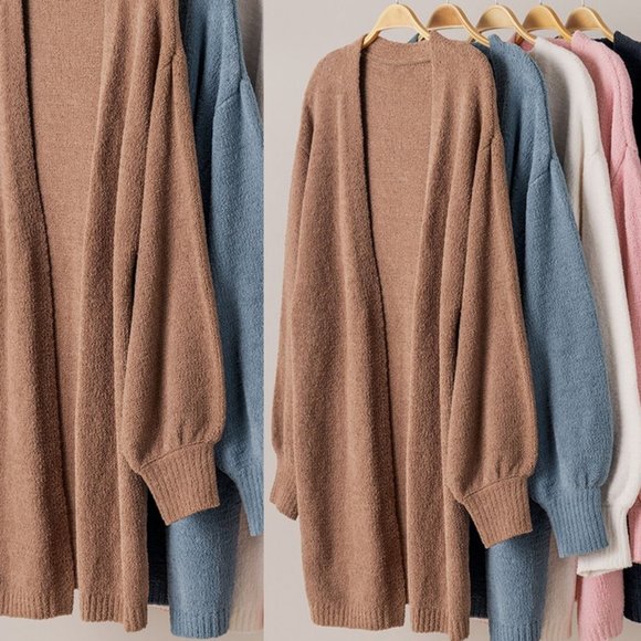 NEW Ultra Soft Bishop Sleeves Long Open Cozy Plush Sweater Cardigan Coco Brown - Picture 8 of 11